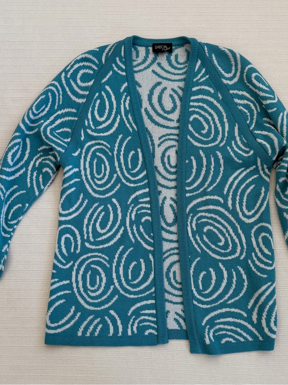 Dalton Studio VTG Teal Blue White Swirl Cardigan Knit Sweater ILGWU Size M USA